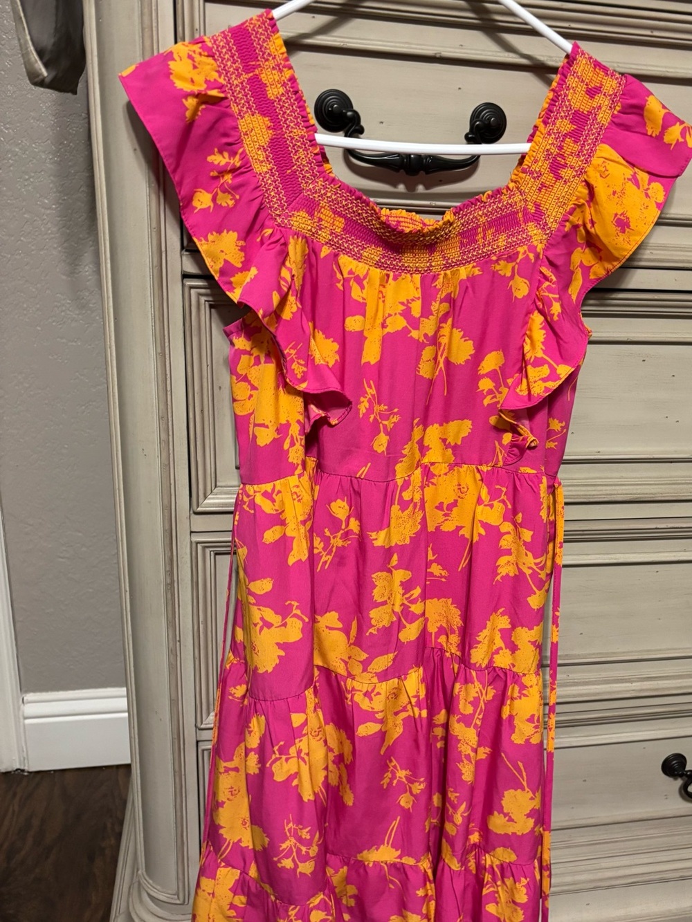 M She + Sky Hot Pink and Yellow Floral Ruffle Maxi Dress